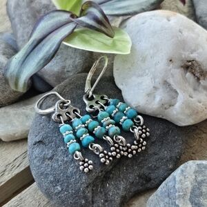 Turquoise Bead Chandelier Earrings with Silver Accents